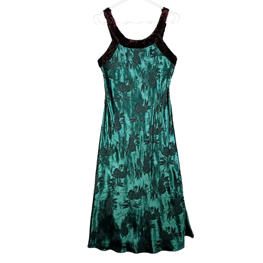 Private Luxuries Slip Dress Small Green‎ Black Satin Velvet 90s Grunge